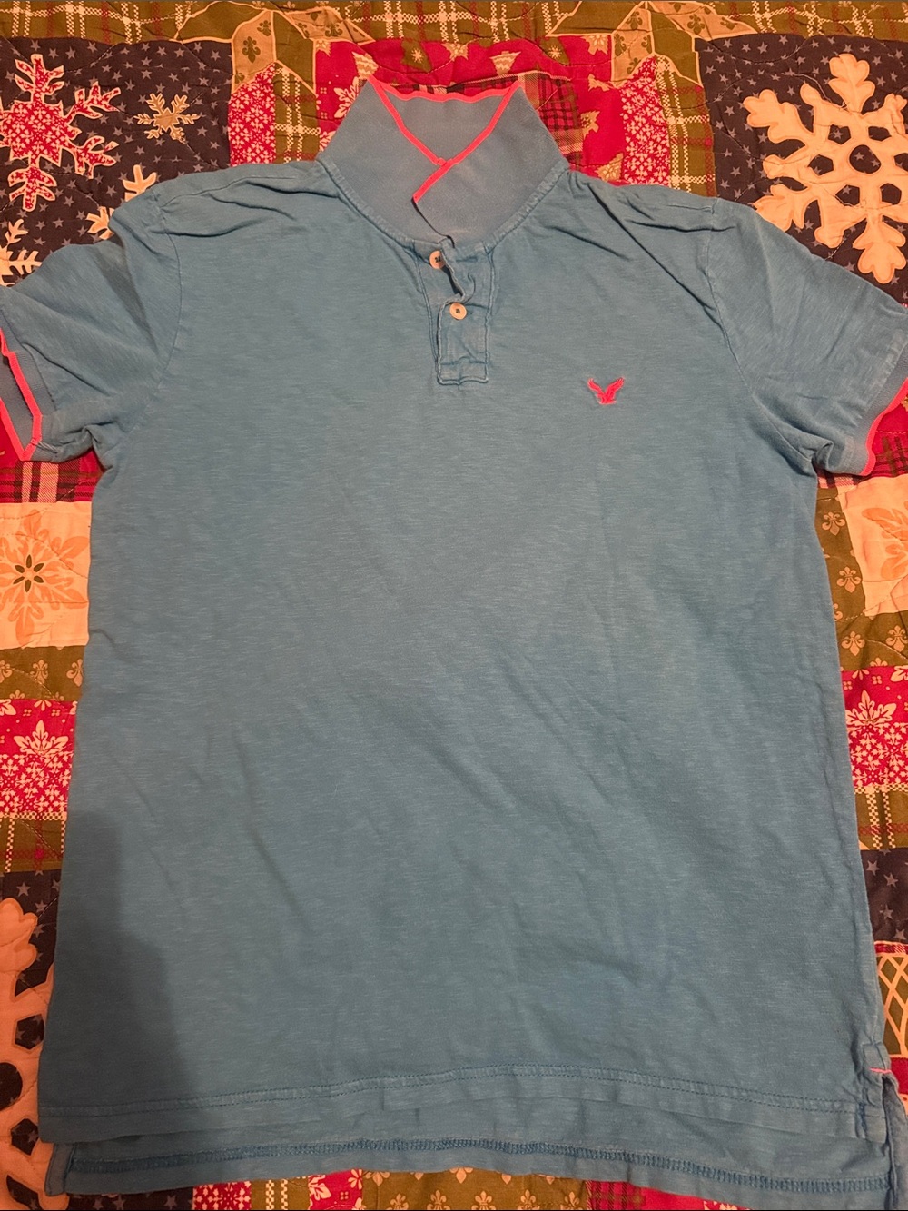 American Eagle Men’s Light Blue Polo Shirt with Pink Trim